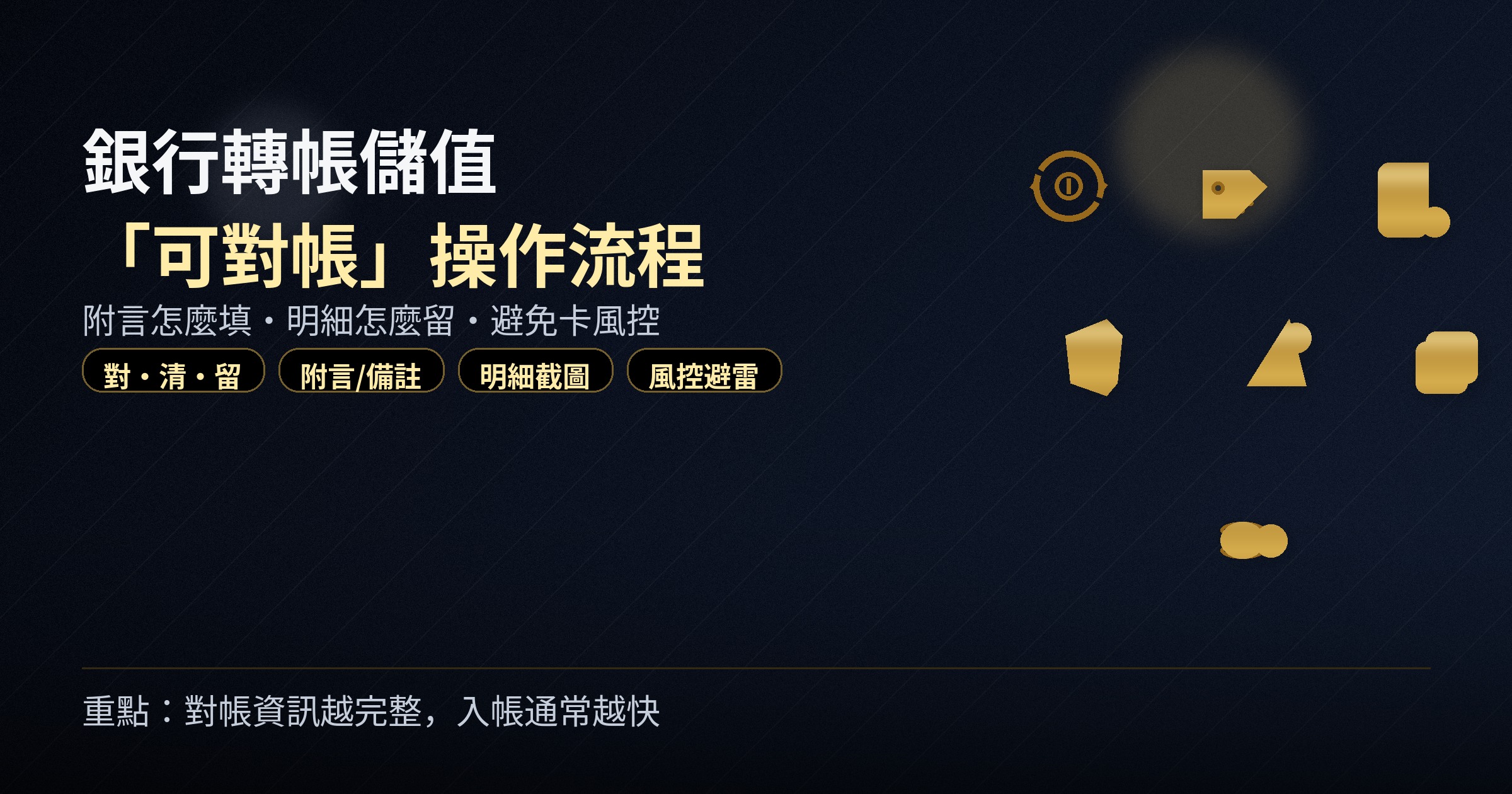 黑金封面:銀行轉帳儲值可對帳流程,含對清留、附言、明細、風控圖標。