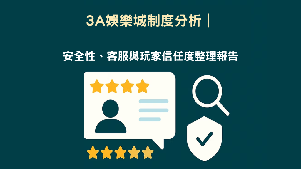 3A娛樂城制度分析封面圖，包含安全性、客服與玩家信任度評估圖示