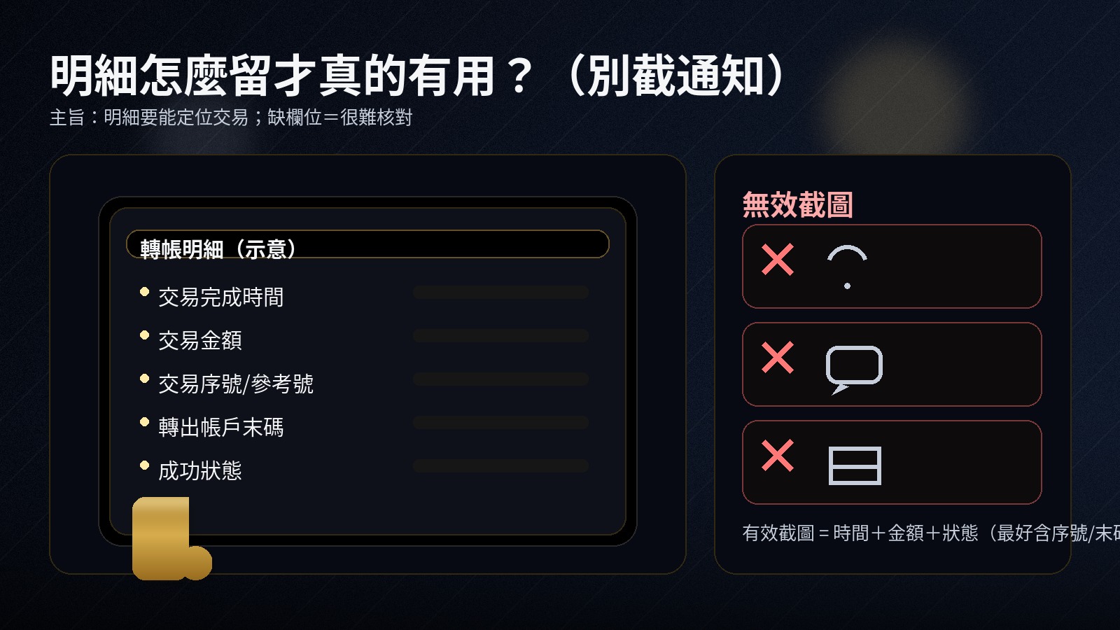 黑金資訊圖「明細怎麼留才有用」,左側手機示意畫面列出五欄位:完成時間、金額、序號/參考號、帳戶末碼、成功狀態;右側標示無效截圖並提示有效截圖需時間金額狀態。