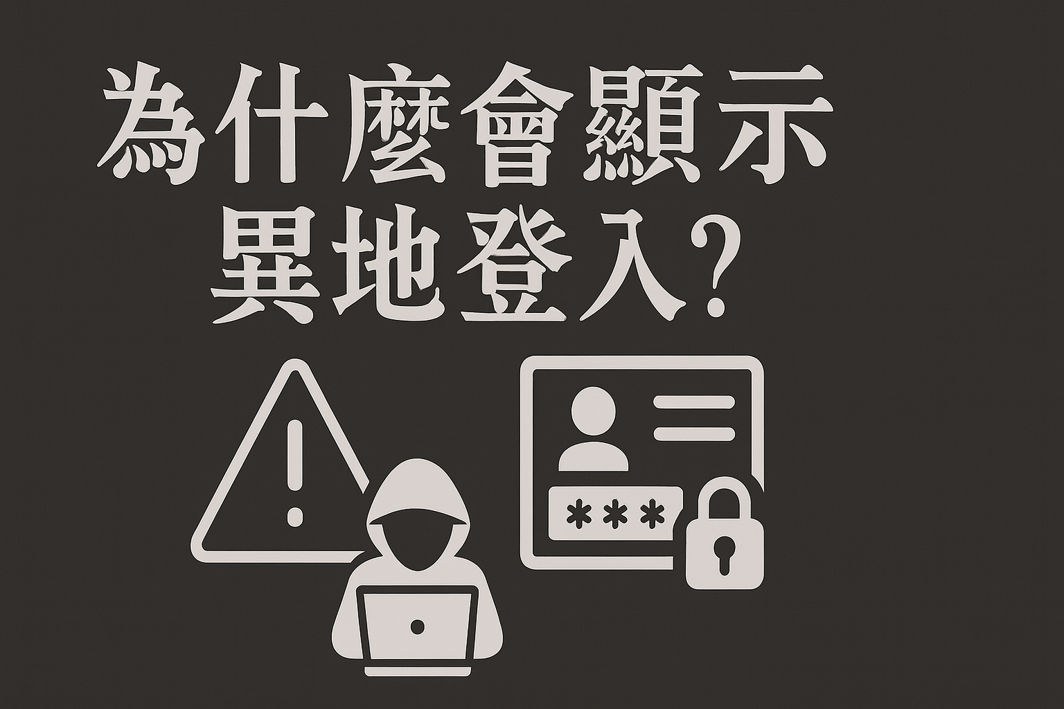 為什麼會顯示異地登入？包含警告符號、駭客圖示與帳號登入介面的深色安全警示封面圖。