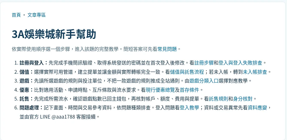 3A 新手幫助頁：註冊與登入、儲值、託售等六個步驟依序排列，問題處理由官方 LINE @aaa1788 客服接續